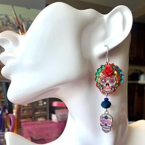 Handpainted sugar skull day of the dead earrings fancy Halloween long dangle